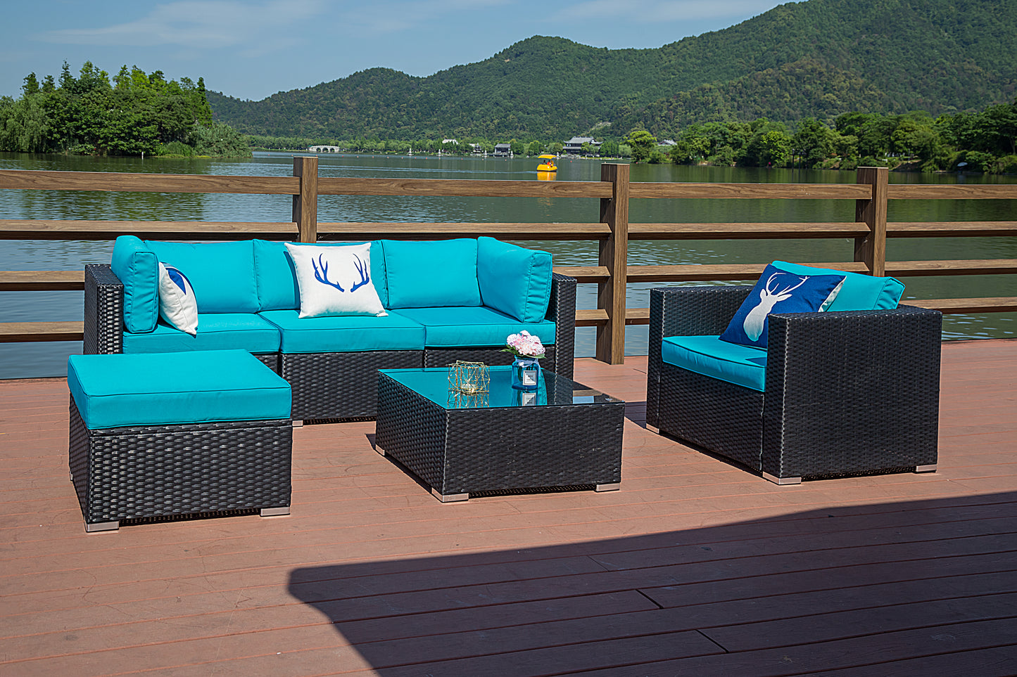 Sectional Sofa 6 Piece Rattan Wicker with Blue Cushion - Sunvivi