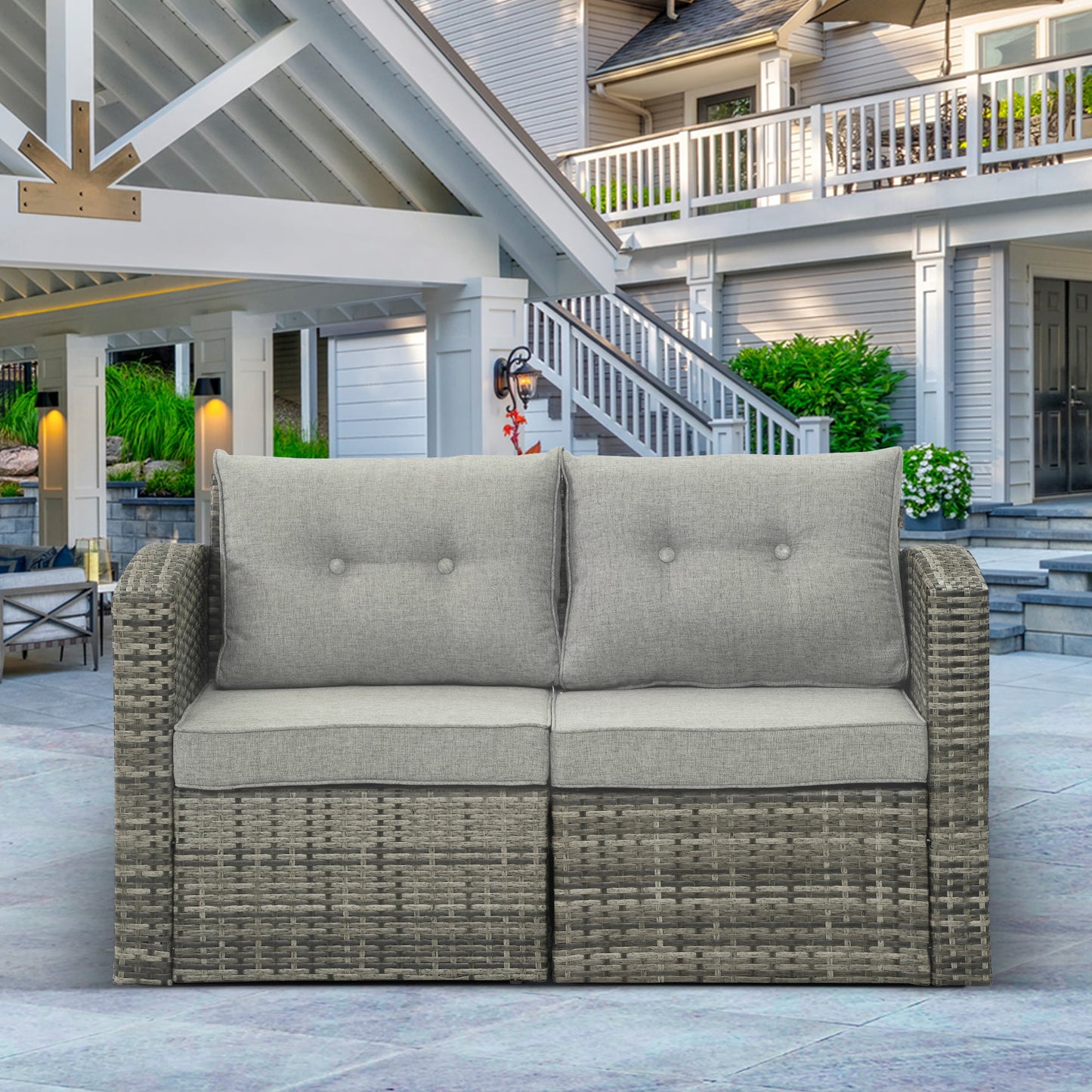 Outdoor Loveseat Patio Furniture Corner Sofa, All-Weather Brown Wicker 2-Piece Rattan Outdoor Sectional Couch Sofa Set with Non-slip Cushions,Aluminum Frame