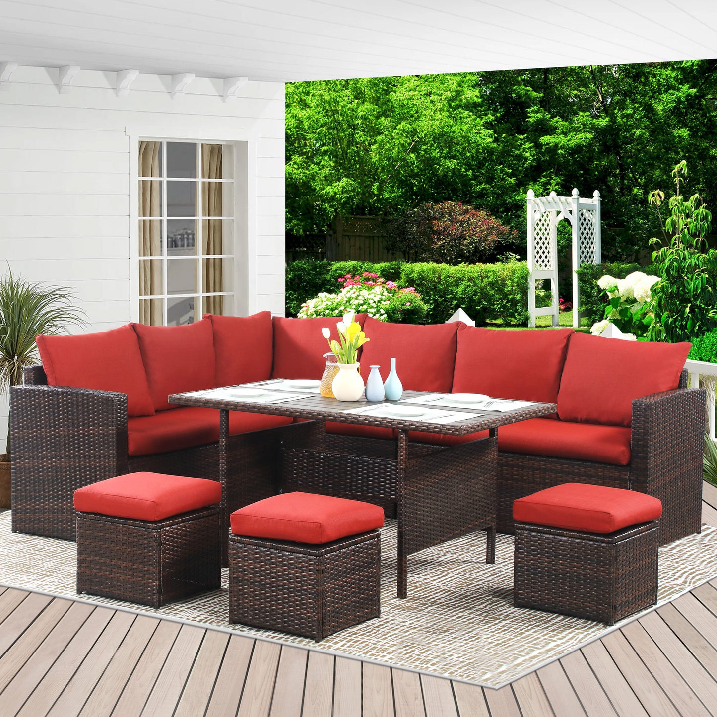 7 Piece Outdoor Dining Sectional Sofa with Dining Table