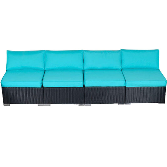 4 Piece Patio Wicker Loveseat, Outdoor Sectional Armless Sofa Additional Furniture Set with Removable Turquoise Cushions