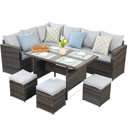 7 Piece Outdoor Dining Sectional Sofa with Dining Table
